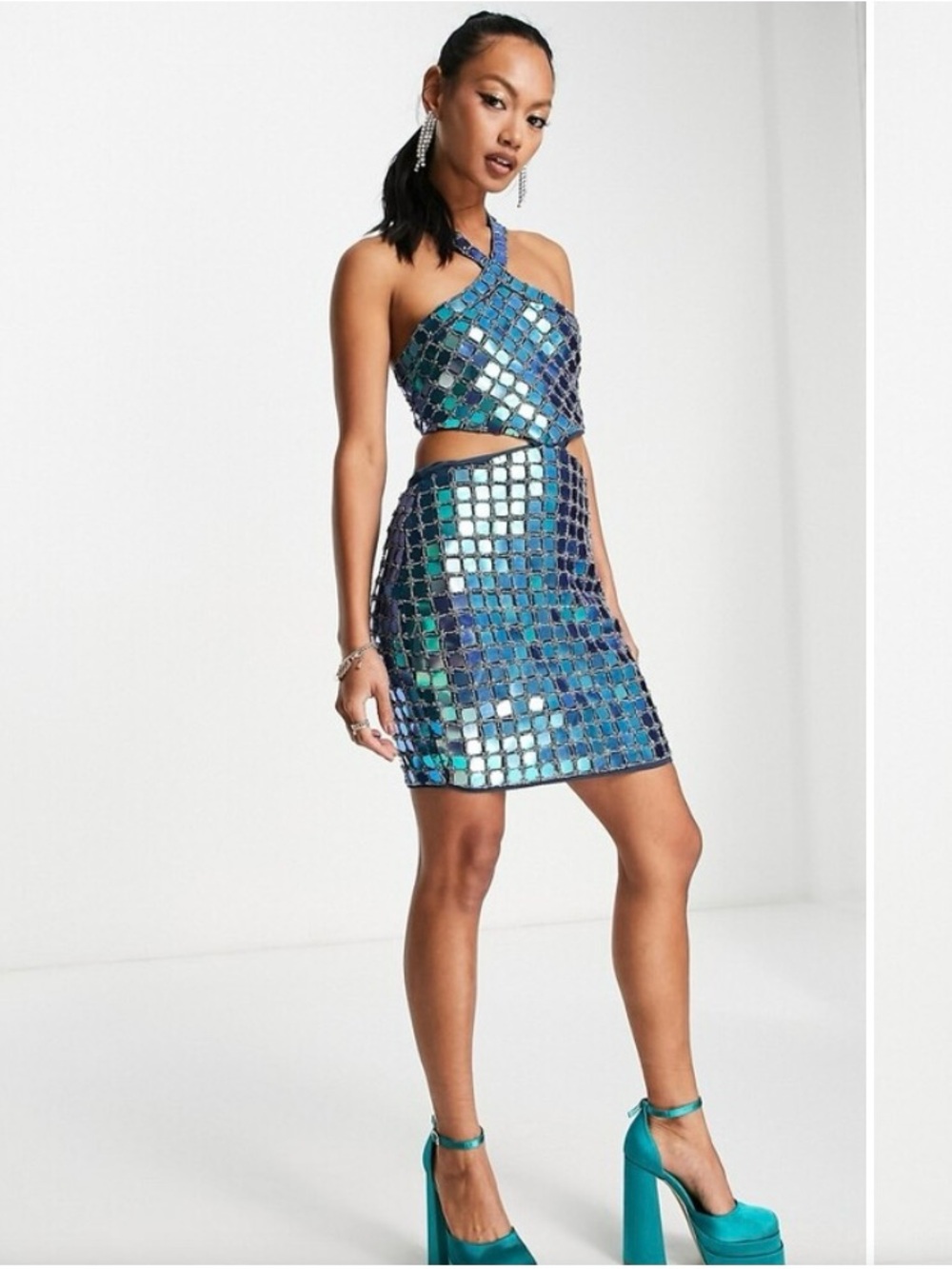 ASOS DESIGN Tile Embellished Teal Halter Mini Dress Size 6
